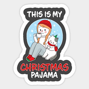 This Is My Christmas Pajama Girl Drikning Coffee With Cat Family Matching Christmas Pajama Costume Gift Sticker